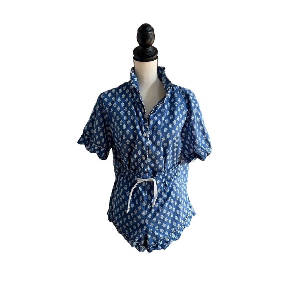Mark & Graham Block Print Short Pajama Set Navy Cotton Loungewear Large